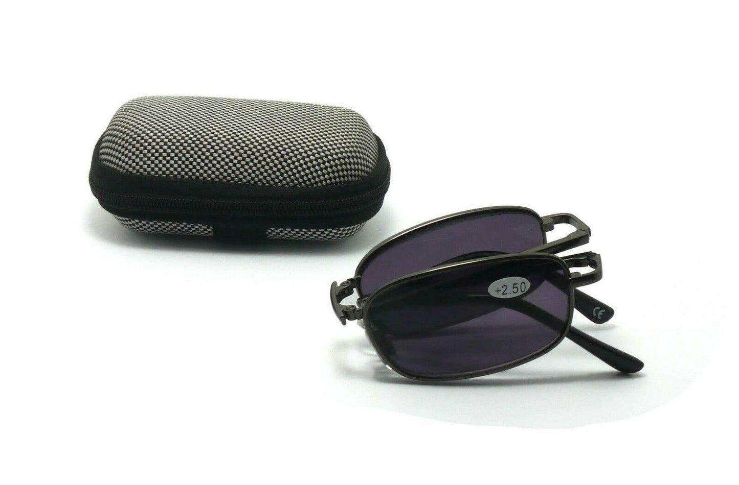 Gunmetal Grey, Metal Spring Hinged Folding Sun Readers & Case - Model SR21G