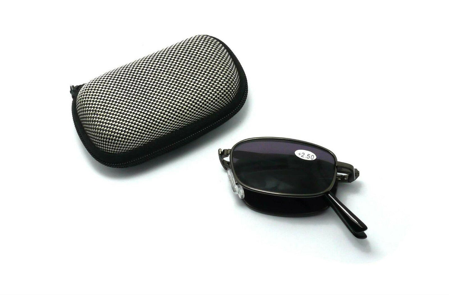 Gunmetal Grey, Metal Spring Hinged Folding Sun Readers & Case - Model SR21G
