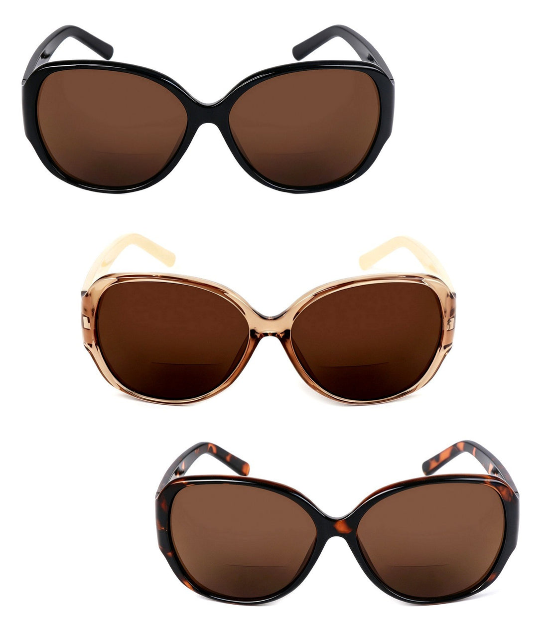 Bifocal Sun Readers Oversized Womans Oval with Metal Hinges 3 Colours DX8154
