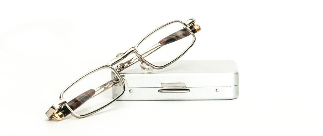 Compact Silver Folding Reading Glasses, Glass Lens with Metal Case - Model MT05s